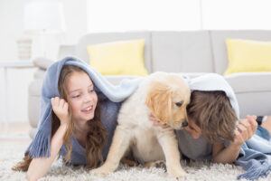kids playing with dog enjoying perfect home comfort